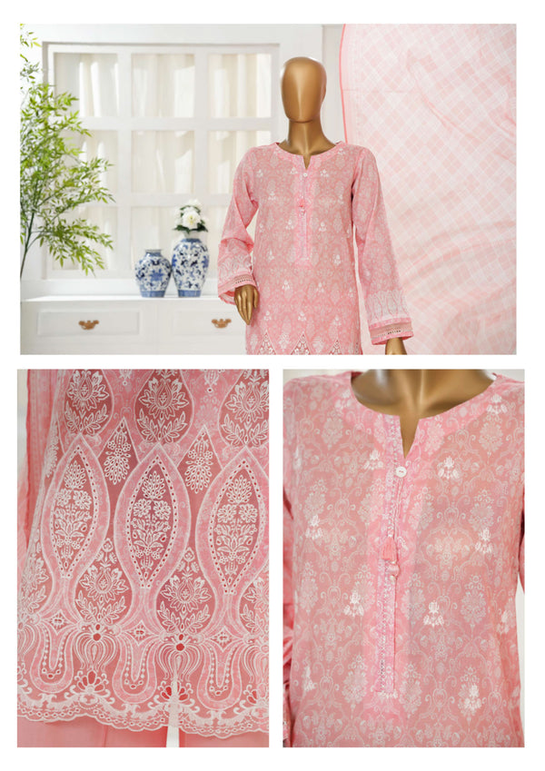 Cambric Chikankari - Stitched Embroidered 3piece with Lace work - Pastel Pink