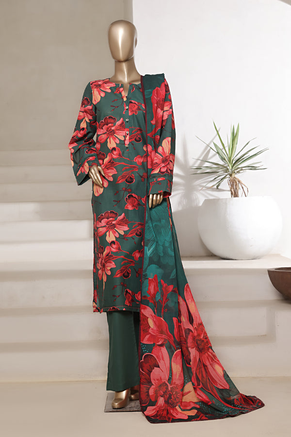 Lawn - Stitched printed 3piece with Lace work - Dark Green
