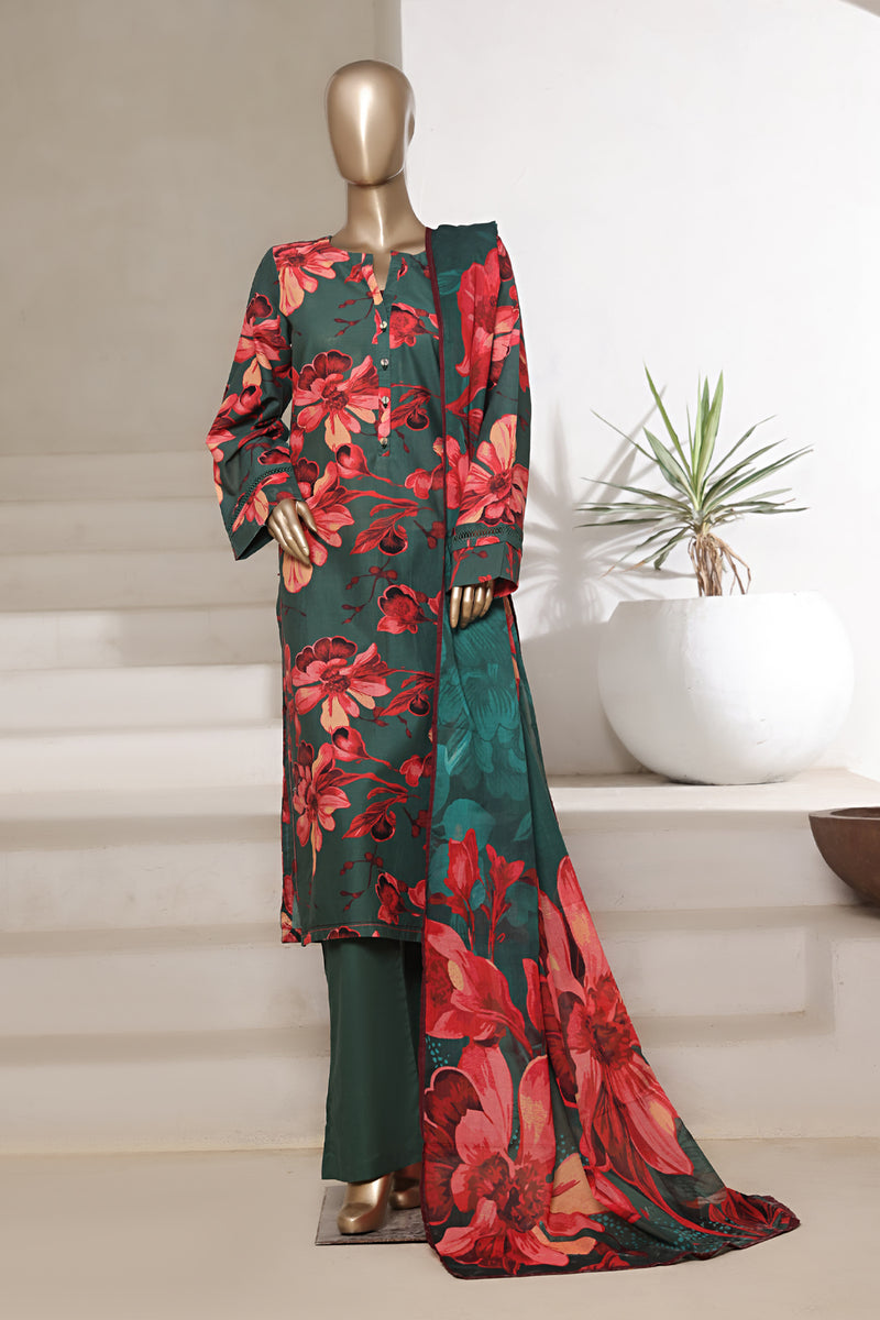 Lawn - Stitched printed 3piece with Lace work - Dark Green