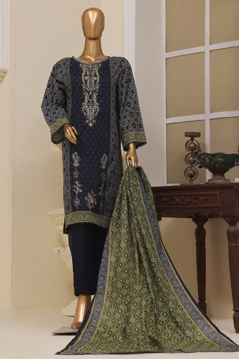 Lawn - Stitched Embroidered 3piece with Lace work - Navy Blue