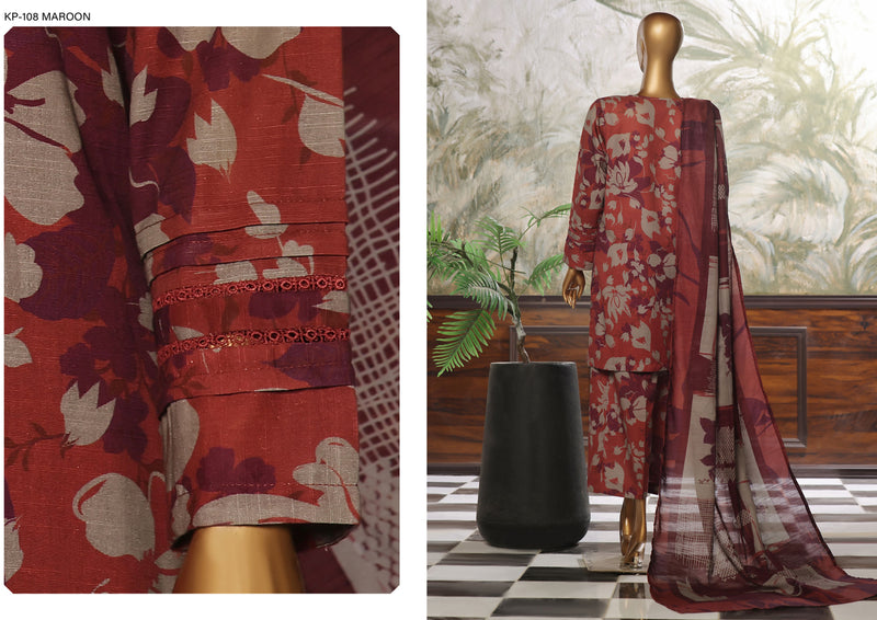 Khaddar - Stitched printed 3piece ready to wear - Maroon