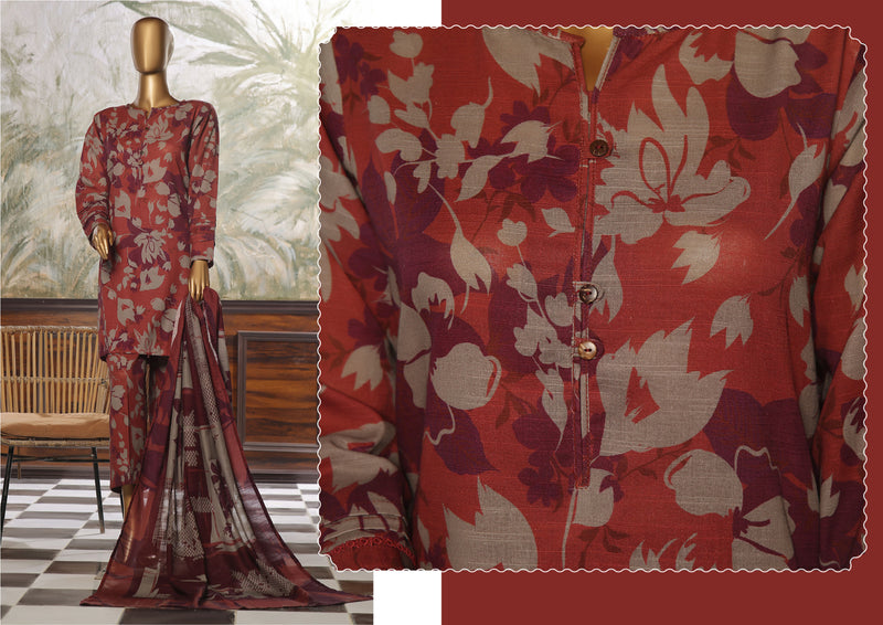 Khaddar - Stitched printed 3piece ready to wear - Maroon