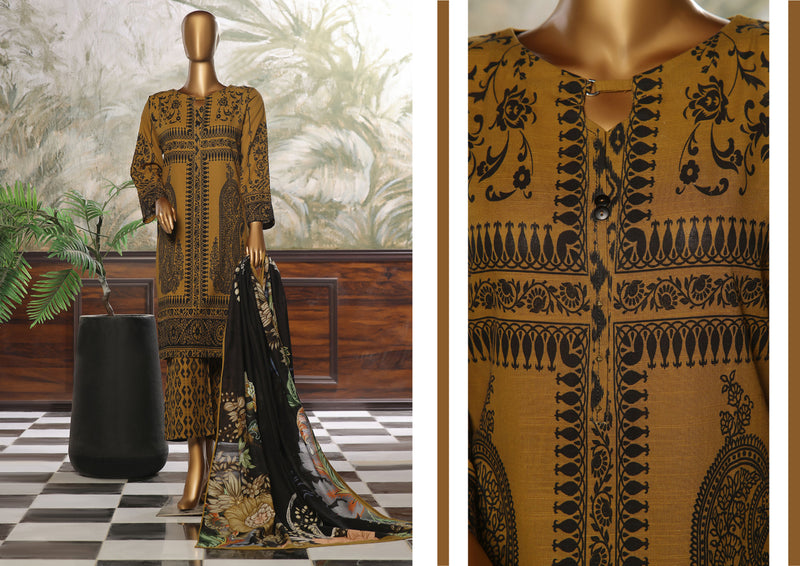 Khaddar - Stitched printed 3piece ready to wear - Mustard