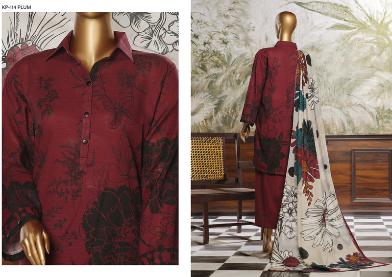 Khaddar - Stitched printed 3piece ready to wear - Plum