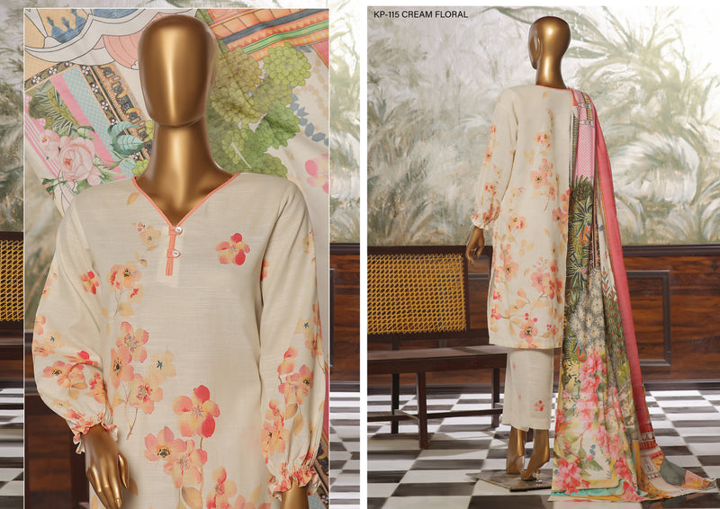 Khaddar - Stitched printed 3piece ready to wear - Cream Floral