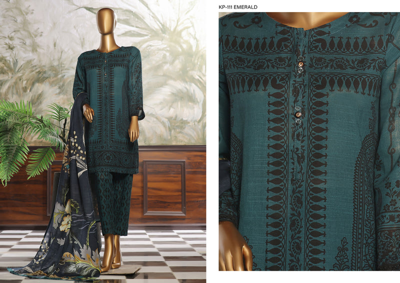 Khaddar - Stitched printed 3piece ready to wear - Emerald Green