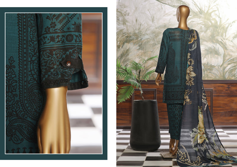 Khaddar - Stitched printed 3piece ready to wear - Emerald Green