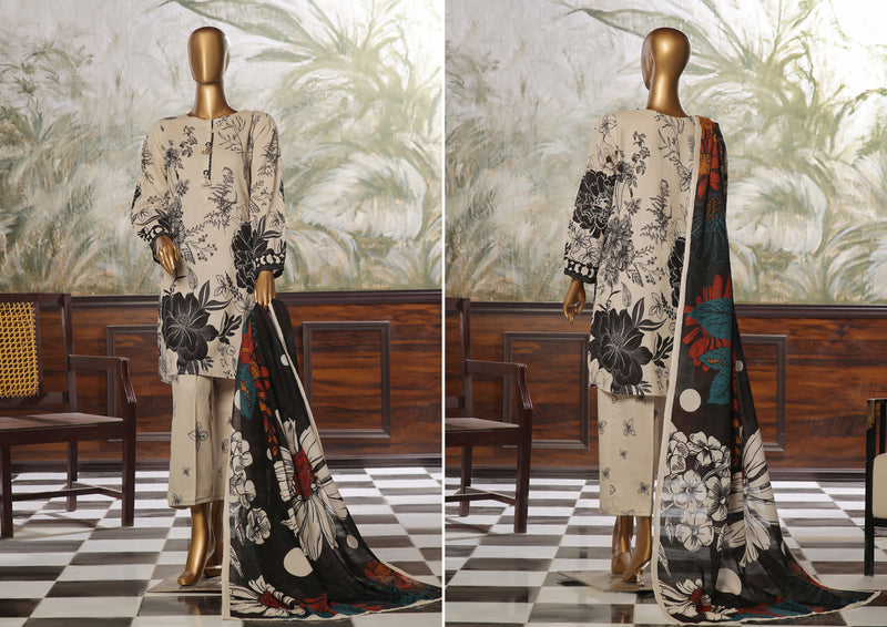 Khaddar - Stitched printed 3piece ready to wear - Beige Multi