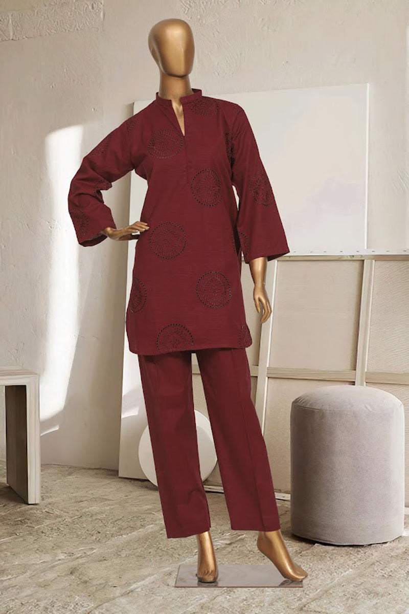 Khaddar Chikan-Kari Co-ords - Stitched kurti & trouser with schiffli work - Maroon