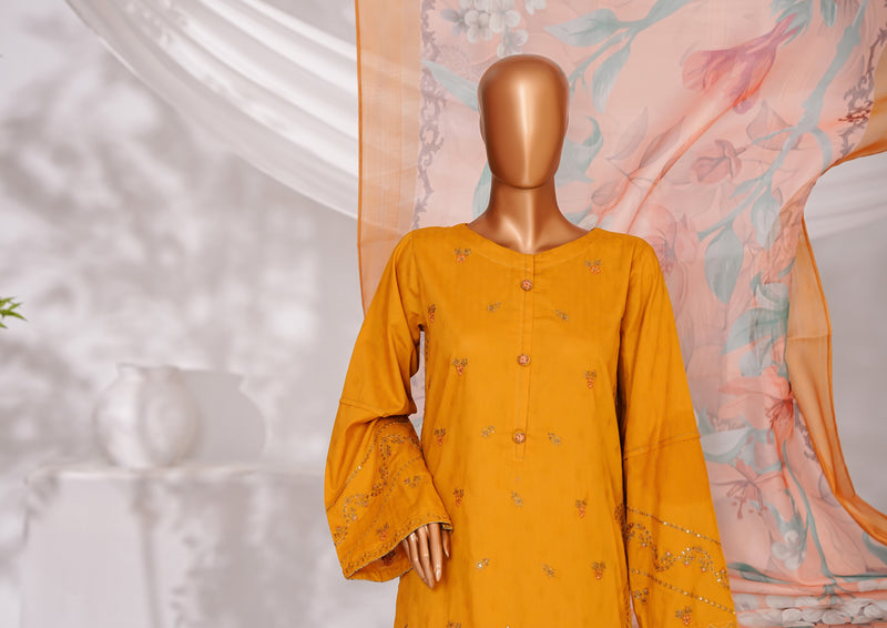 Cambric | Cotton - Stitched Embroidered Printed 3piece with Nannokara Dupatta - Mustard