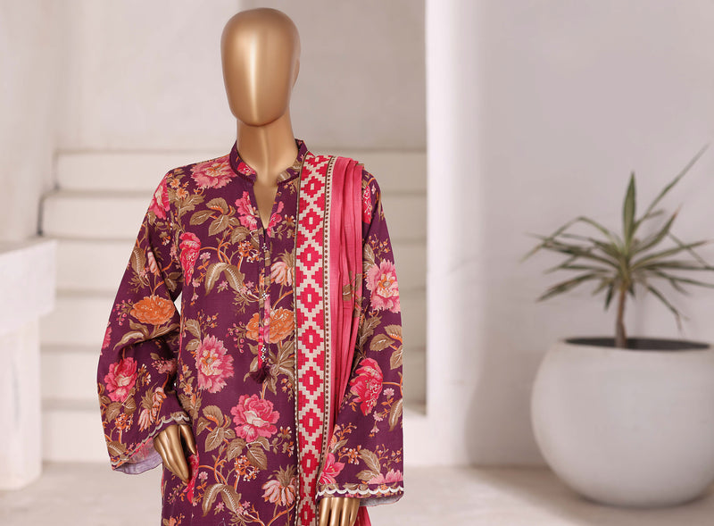 Khaddar - Stitched Embroidered 3piece collection with Lace work - Dark Pink