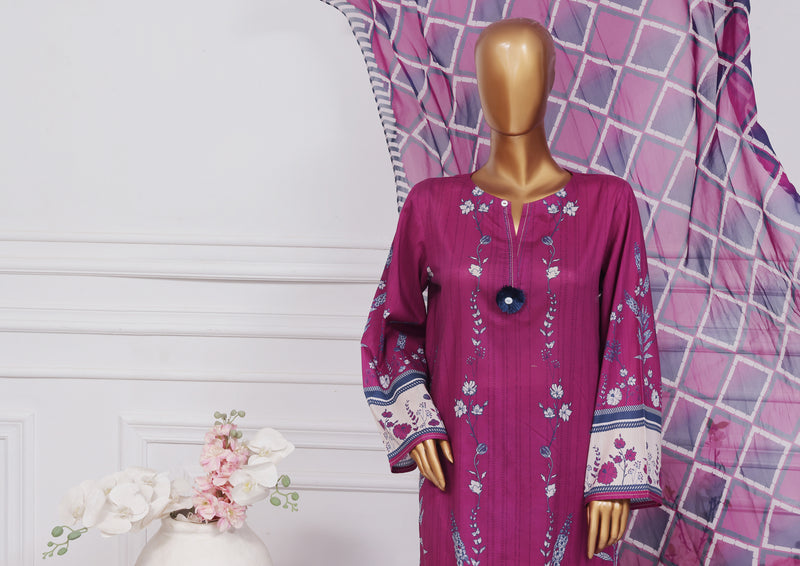 Lawn - Stitched printed 3 piece with chiffon dupatta - Plum Navy