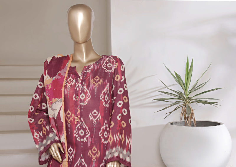 Cotton | Cambric - Ready to wear printed 3piece in tie & Dye Style - Dark maroon