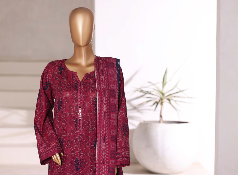 Khaddar - Stitched printed 3piece with Lace work - Red
