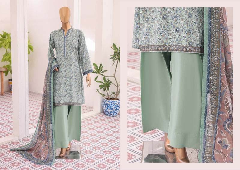 Lawn - Stitched printed 3piece with Farshi Shalwar - Sea Green