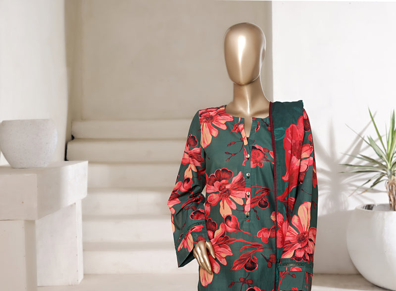 Lawn - Stitched printed 3piece with Lace work - Dark Green