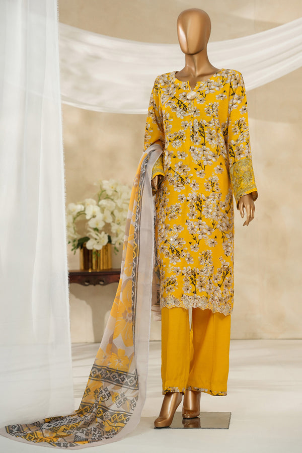 Cambric | Cotton - Stitched printed embroidered silk 3piece with Boring, Cutwork & Mirror work - Yellow Multi