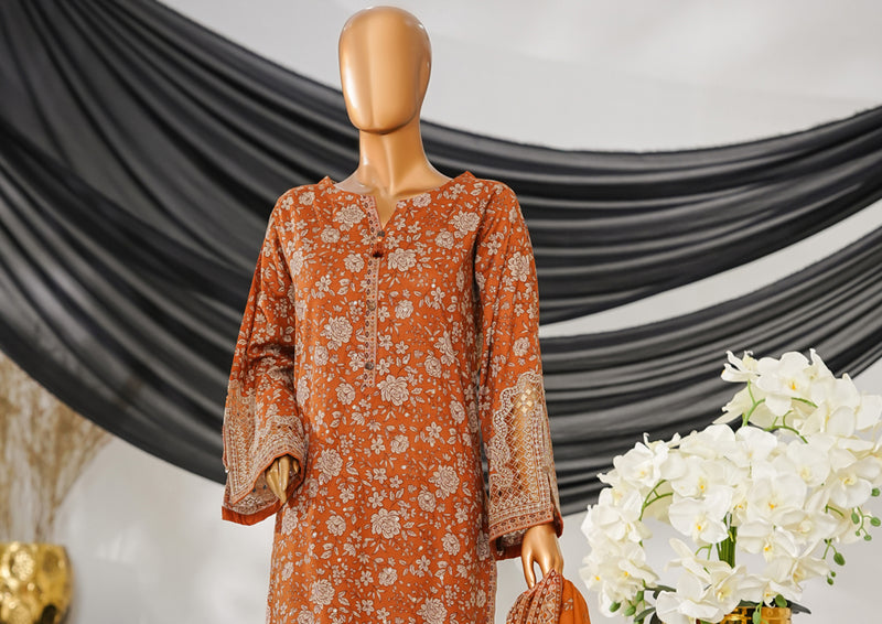 Cotton | Cambric - Stitched Embroidered 3piece with Lace work - Rust