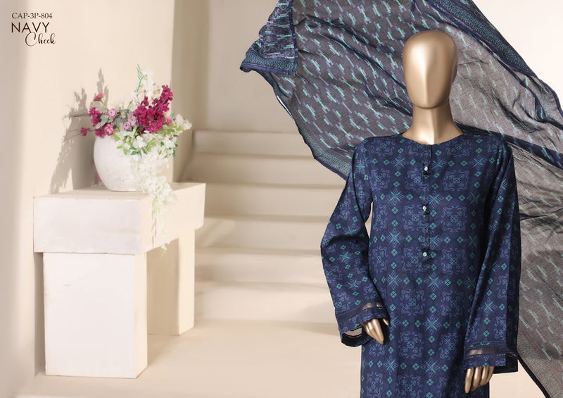 Cambric - Stitched printed 3piece with Lace work - Navy Check