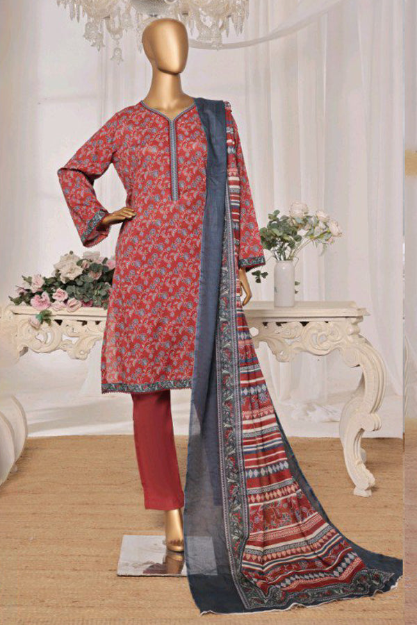 Lawn - Stitched printed 3piece with Lace work - Red