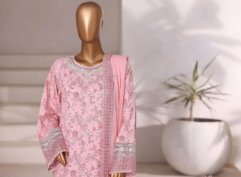Luxury viscose - Stitched Embroidered 3piece with Chiffon embroidered Dupatta - Light Pink
