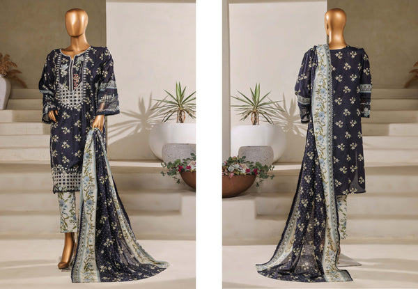 Lawn - Stitched Embroidered Chikankari 3piece with Lace work - Navy Blue