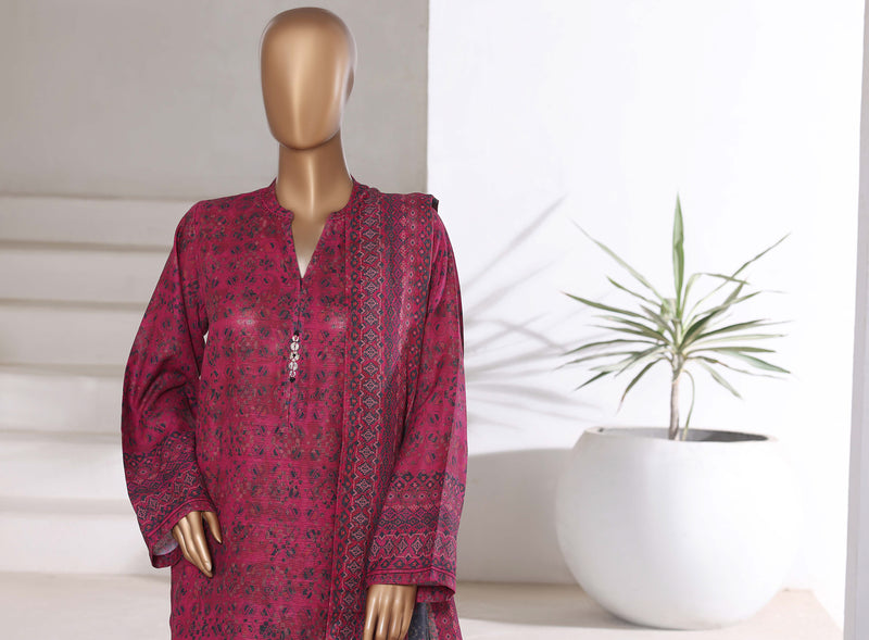 Khaddar - Printed 3piece collection with Lace work - Dark Pink
