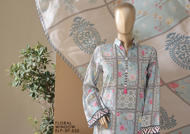 Cambric | Cotton - Stitched printed 3piece with Bamber chiffon Dupatta - Floral Window