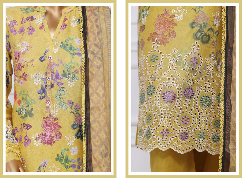 Lawn - Stitched Print Chikankari Embroidered 3piece with Chiffon Dupatta - Yellow