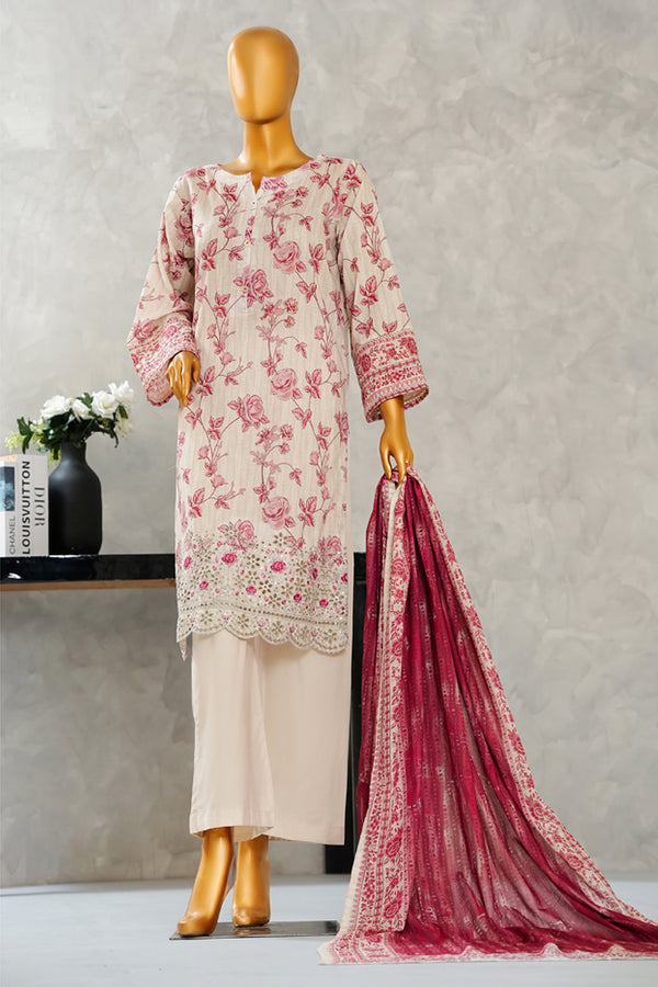 Lawn - Stitched Digital Printed Embroidered 3piece with Boring work - Light Pink