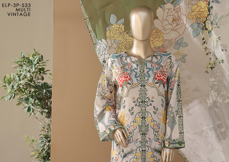 Cambric | Cotton - Stitched printed 3piece with Bamber chiffon Dupatta - Cream