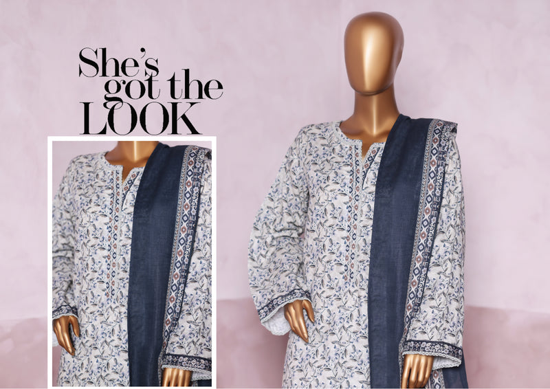 Khaddar - Stitched printed 3piece with Lace work - White & Blue