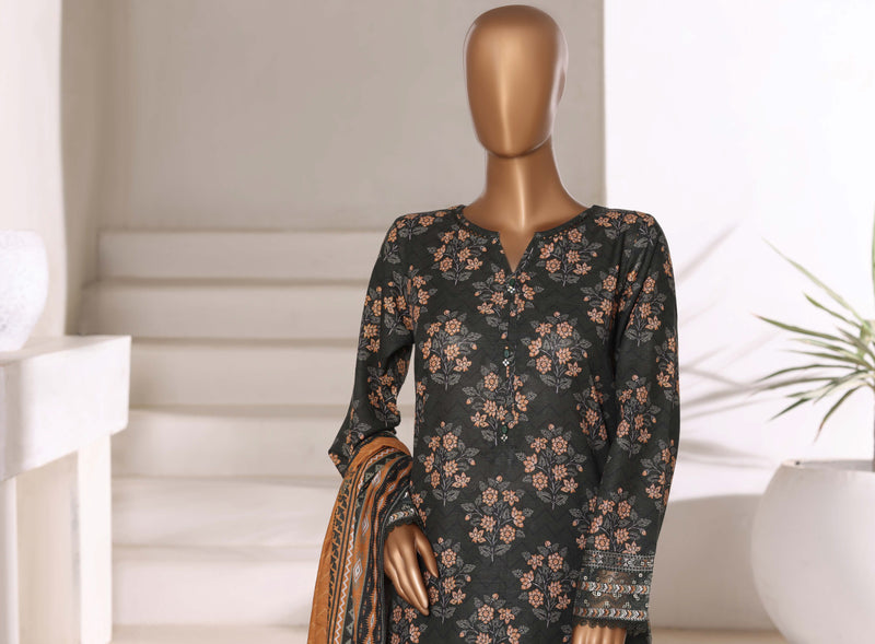 Khaddar - Embroidered 3piece collection with Lace work - Dark Green