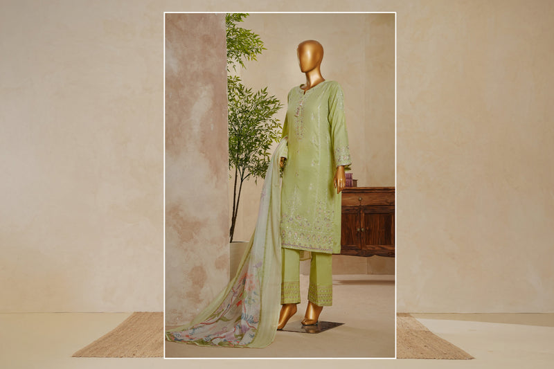 Lawn Jacquard - Stitched Embroidered 3 piece with lace work - Sage Green