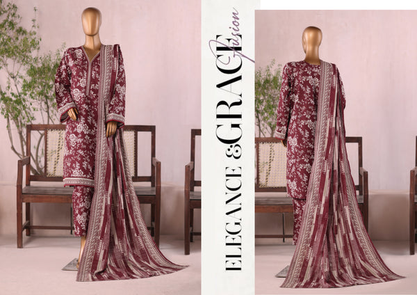 Khaddar - Stitched  printed 3piece with Lace work  -  Reddish - Brown