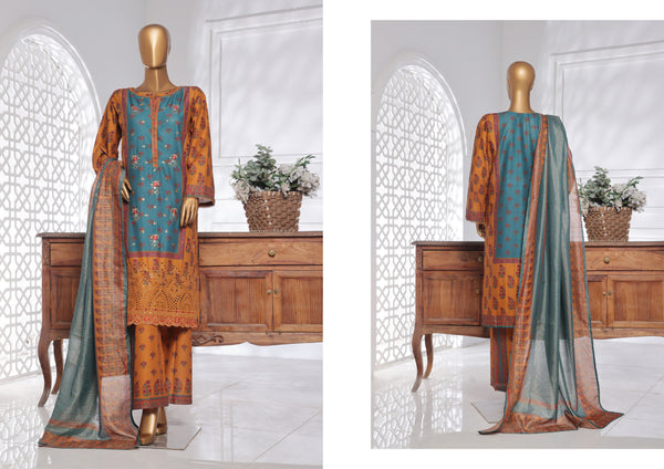 Lawn Chickankari - Stitched Embroidered 3piece with Lace work  - Mustard & Blue