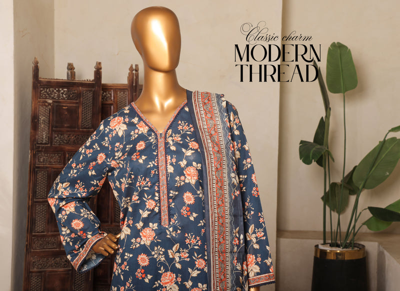 Lawn - Stitched printed 3piece with Lace work - Dark Blue