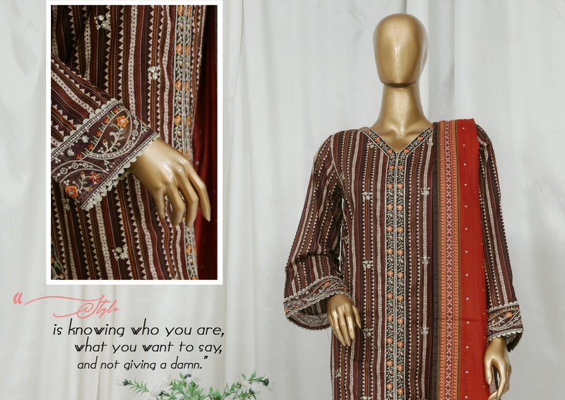 Lawn (front open style) - Stitched Embroidered 3piece with Lace work - Brown