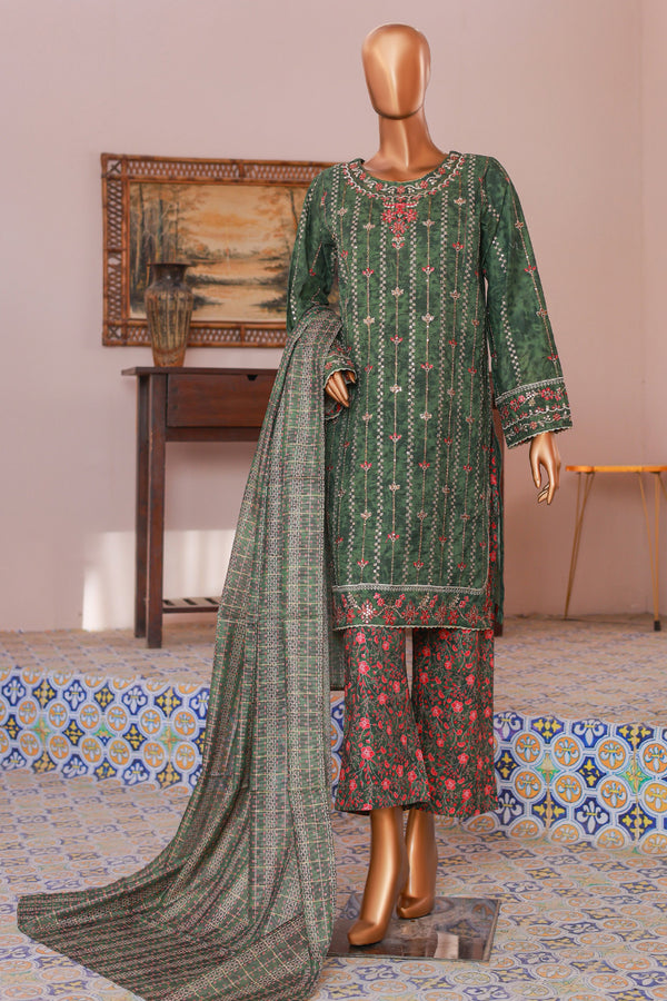 Lawn Self stripe- Stitched Embroidered 3piece with Lace work - Green