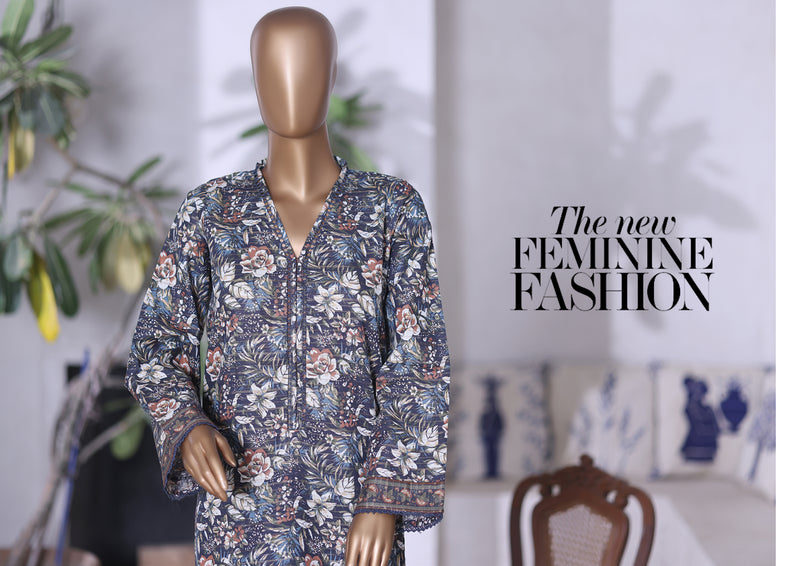 Khaddar Co-Ords - Stitched printed Kurti & trouser with Lace work - Dark Blue