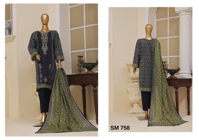 Lawn - Stitched Embroidered 3piece with Lace work - Navy Blue