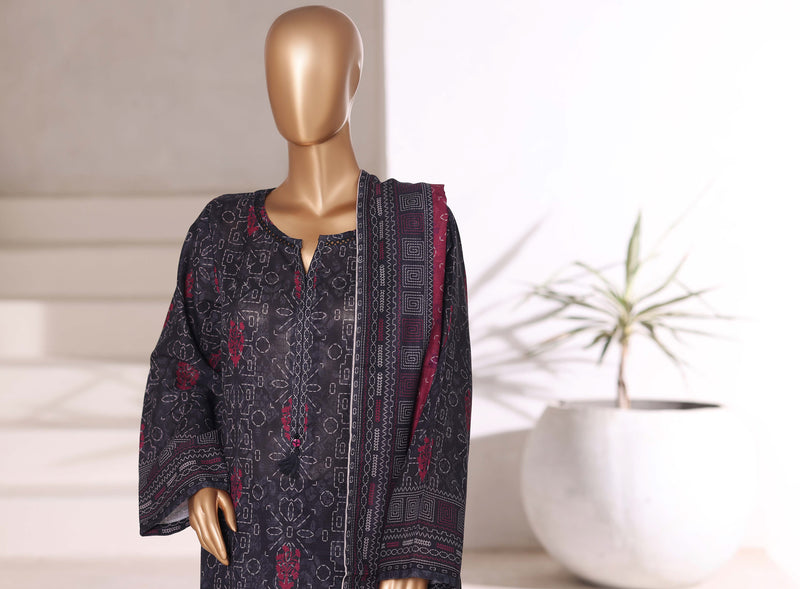 Khaddar - Stitched printed 3piece with Lace work - Black