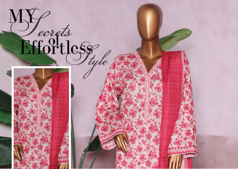 Khaddar - Stitched printed 3piece with Lace work - Pink