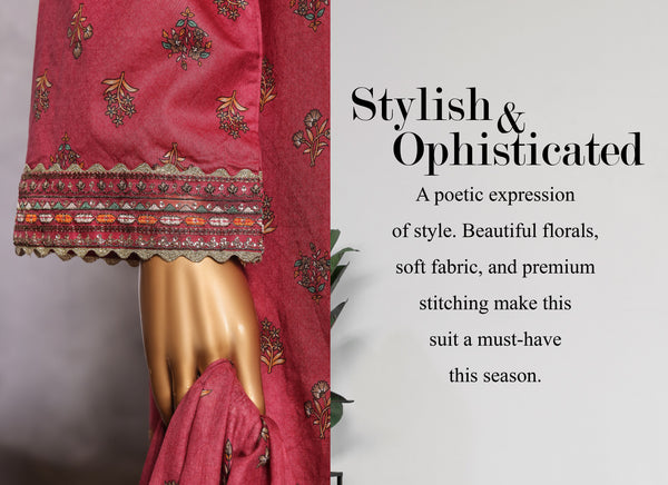 Lawn - Stitched Embroidered 3piece with Lace work - Red