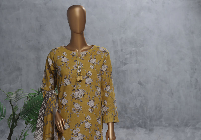 Khaddar - Stitched Printed 3 Piece Suit with Lace work - Dull Yellow