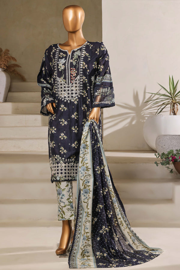 Lawn - Stitched Embroidered Chikankari 3piece with Lace work - Navy Blue