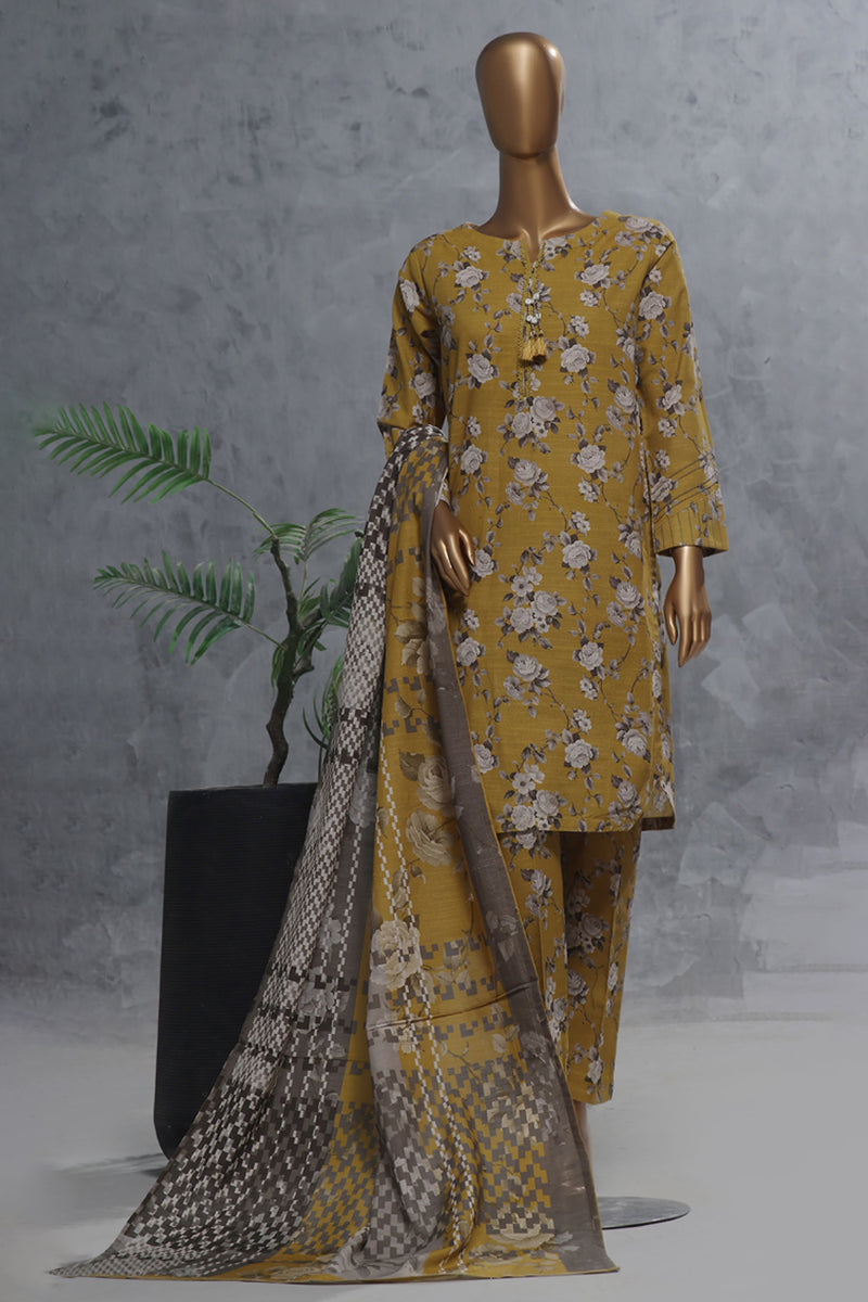 Khaddar - Stitched Printed 3 Piece Suit with Lace work - Dull Yellow