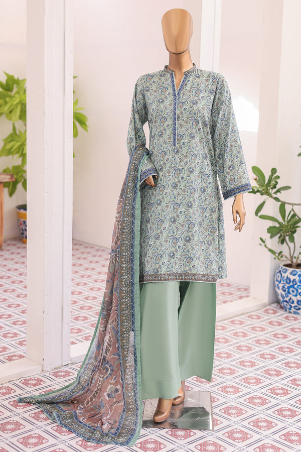 Lawn - Stitched printed 3piece with Farshi Shalwar - Sea Green