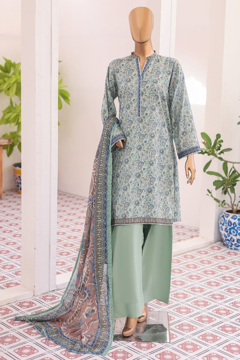 Lawn - Stitched printed 3piece with Farshi Shalwar - Sea Green