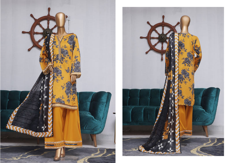 Lawn - Stitched printed 3piece with Farshi Shalwar - Yellow